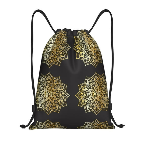 Wukai Gold Mandala Drawstring Backpack Bag Sport Gym Sackpack Large Size String Backpack Cinch for Women Men-Small