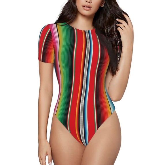 Naloa Mexican Serape Blanket Stripes Women's Short-Sleeved Onesie, One-Piece Swimsuit for Parties, dates, clubs - X-Large