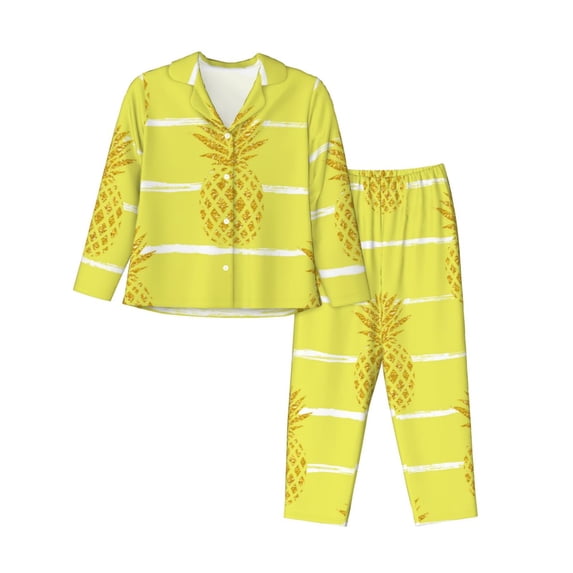 Wukai Gold Pineapple Print Women's Pajama Set - Soft Long Sleeve Sleepwear for Comfort and Style-X-Large