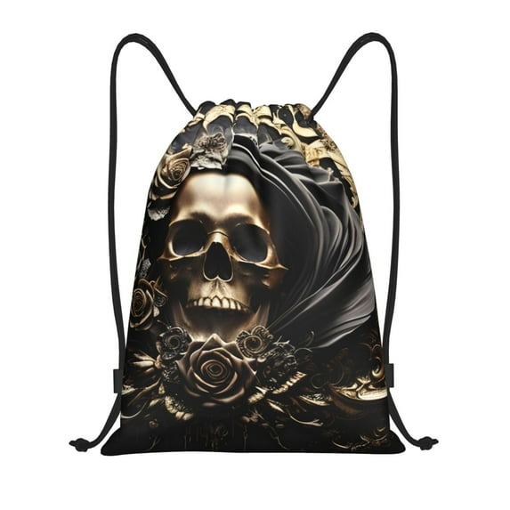 Wukai Gold Rose Skull Drawstring Backpack Bag Sport Gym Sackpack Large Size String Backpack Cinch for Women Men-Small