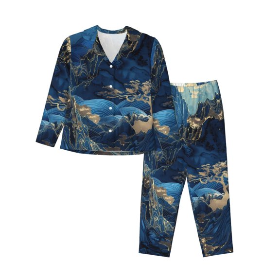Wukai Golden Blue Mountains Print Women's Pajama Set,PJ Set,Lounge Sets For Women Soft Long Sleeve Sleepwear Comfort and Style-X-Large