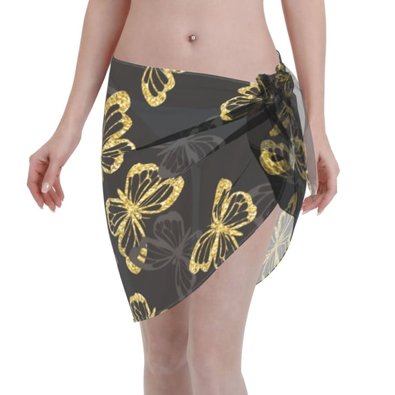Wukai Golden Glitter Butterflies Women’s Short Sarongs Beach Wrap Bikini Bottom Short Skirt Chiffon Scarf for Swimwear
