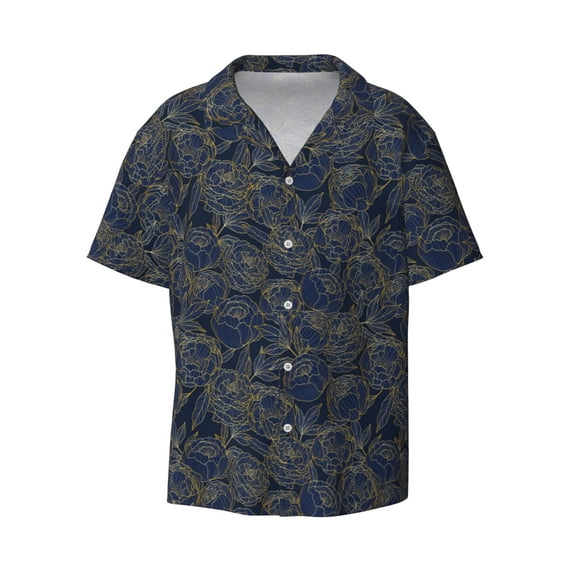 Wukai Golden Peonies Men's Casual Short-Sleeve Button Down Shirt - Lightweight Summer Dress Shirt for Daily Wear-4X-Large