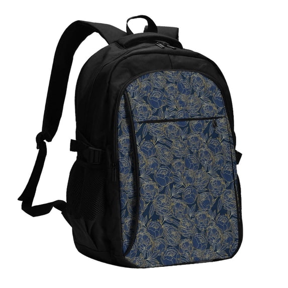 Wukai Golden Peonies Travel Laptop Backpack: Business Water-Resistant Bag with USB Charging Port, Ideal College Backpack for Men & Women