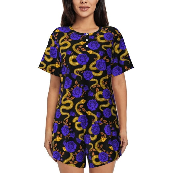 "Wukai Golden Snake And Purple Rose Women's Pajama Set - Short-Sleeve Top and Shorts with Elastic Waistband and Pockets for Loungewear, Yoga, and Casual Wear-XX-Large