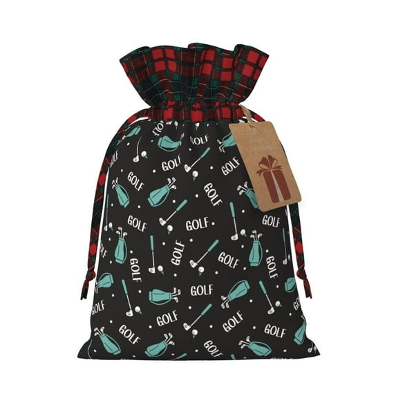 Wukai Golf Bags And Balls Print Christmas Burlap Bags,Drawstring Christmas Burlap Goody Gift Candy Bags Xmas Burlap Treat Bags for Candy Wrapper Xmas Party Favors-Black
