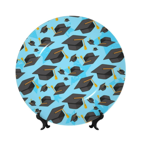 Wukai Graduation Hats1 Print Decorative Plate for Display,Bone China Decorative Plate, Ceramic Dinner Plate with Stand, Vertical Ceramic Plate-7in