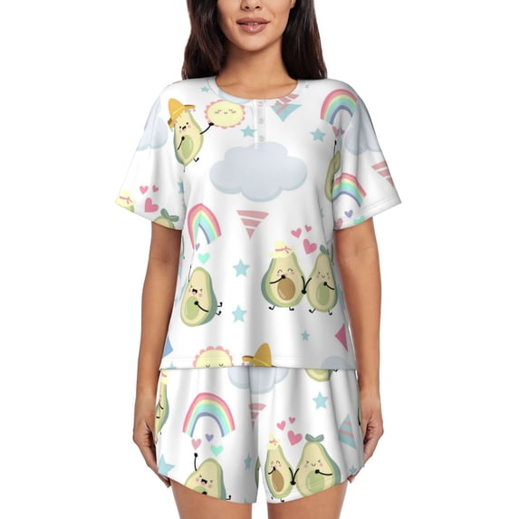 "Wukai Green Blue Avocado Women's Pajama Set - Short-Sleeve Top and Shorts with Elastic Waistband and Pockets for Loungewear, Yoga, and Casual Wear-X-Large