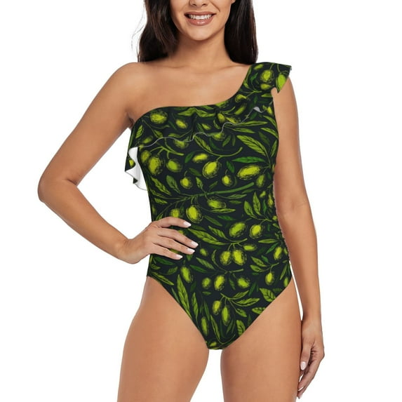 Wukai Green Branch Olive Chic One Shoulder Swimwear with Ruffle Design and Tummy Control Skirt: Fashionable, Supportive, Comfortable for Beach-Small
