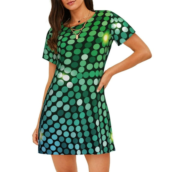Wukai Green Disco Lights Print Women's Loose Short Sleeve Nightgown, Soft Sleep Dress for Comfortable Relaxation, Casual Lounge Wear