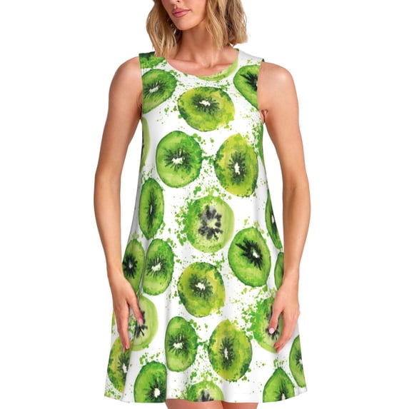 Wukai Green Kiwi Print Women's Sleeveless Dress, Loose Fit Casual Dress for Women, Comfortable Sleeveless Summer Dress