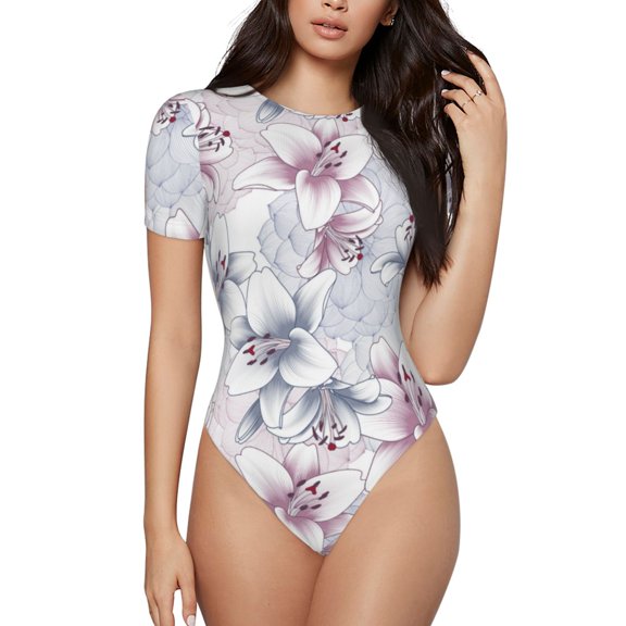Naloa Lilies Flowers Women's Short-Sleeved Onesie, One-Piece Swimsuit for Parties, dates, clubs - XX-Large