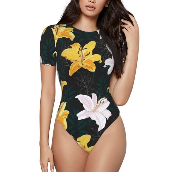 Naloa Lilies Flowers Women's Short-Sleeved Onesie, One-Piece Swimsuit for Parties, dates, clubs - XX-Large