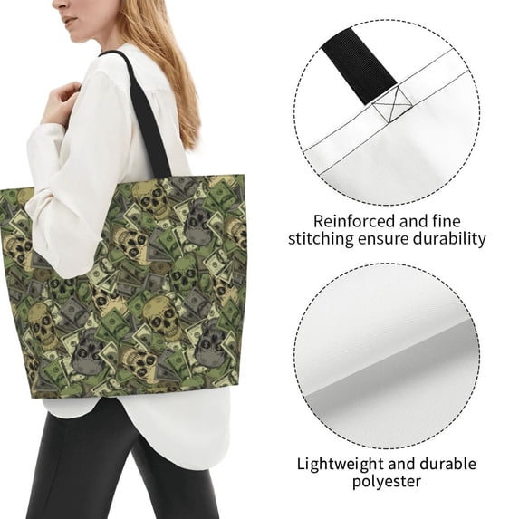 Wukai Green Skulls Print Reusable Grocery Bag Shopping Bags Shopping Handle Bag Suitable for Outdoor Convenient Daily Bag