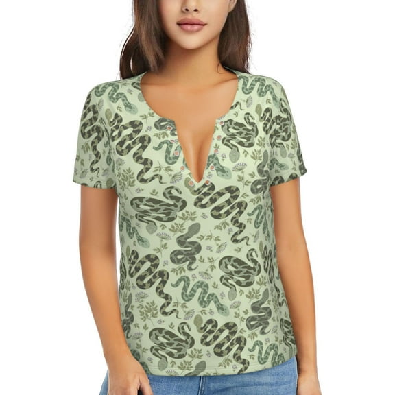 Wukai Green Snake Casual V-Neck Graphic Tees for Women: Lightweight and Breathable Summer Tops with Stylish Design-Large