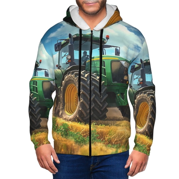 Wukai Green Tractor Field Print Men's Zip-Up Hoodie,Fleece Full-Zip Hoodie for Men, Hooded Sweatshirt-3X-Large