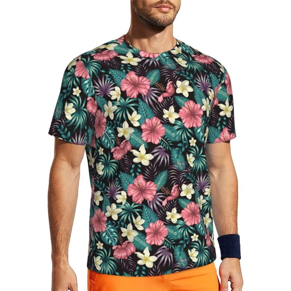 Wukai Green Tropical Leaves Print Men's Short-Sleeved Mesh T-Shirt,Quick-Dry Short Sleeve Workout T-Shirt-Large