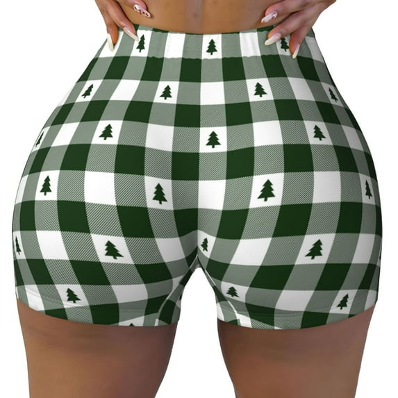 Wukai Green White Christmas Tree Lumberjack Plaid Print Pack Biker Shorts for Women Yoga Workout Gym Running Scrunch Active Shorts-XX-Large