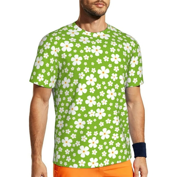 Wukai Green White Flowers Print Men's Short-Sleeved Mesh T-Shirt,Quick-Dry Short Sleeve Workout T-Shirt-