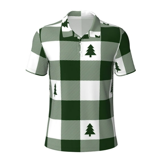 Wukai Green White Lumberjack Plaid Men’s Polo Shirts,Quick-Dry Athletic Shirt,Classic Fit Shirts-Small