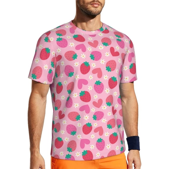 Wukai Haear Strawberry Print Men's Short-Sleeved Mesh T-Shirt,Quick-Dry Short Sleeve Workout T-Shirt-3X-Large