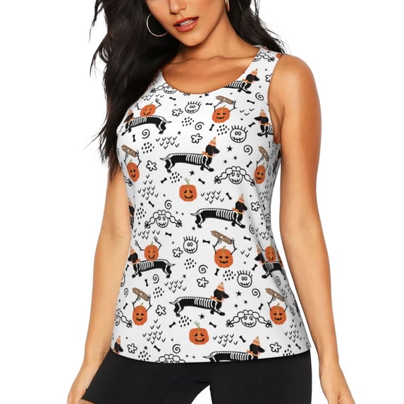 Wukai Halloween Dachshund Print Women's Workout Tank Top Mesh Yoga Shirts Athletic Running Tank Tops Athletic Gym Shirts - XX-Large