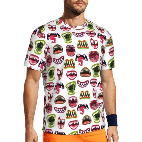 Wukai Halloween Mouth Print Men's Short-Sleeved Mesh T-Shirt,Quick-Dry Short Sleeve Workout T-Shirt-X-Large