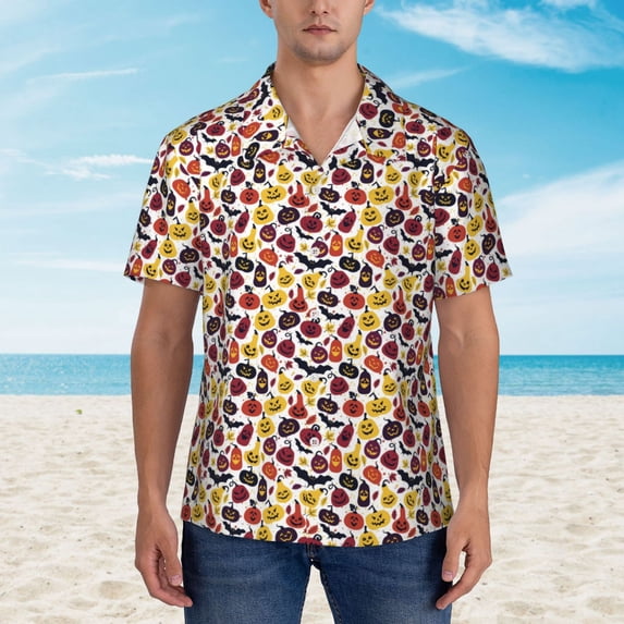Wukai Halloween Pumpkin Men's Hawaiian Shirt Short Sleeve Casual Button Down Summer Beach Aloha Shirt Tropical Print Holiday Party