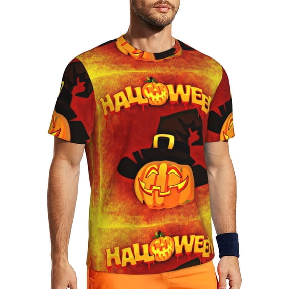 Wukai Halloween Pumpkin Print Men's Short-Sleeved Mesh T-Shirt,Quick-Dry Short Sleeve Workout T-Shirt-Small