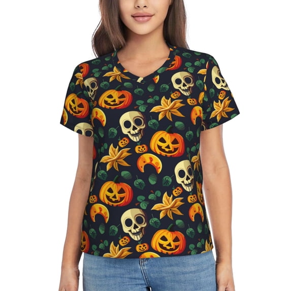 Wukai Halloween Skull Classic V-Neck T-Shirt for Women: Comfortable, Stylish, and Versatile Wardrobe Essential-Small
