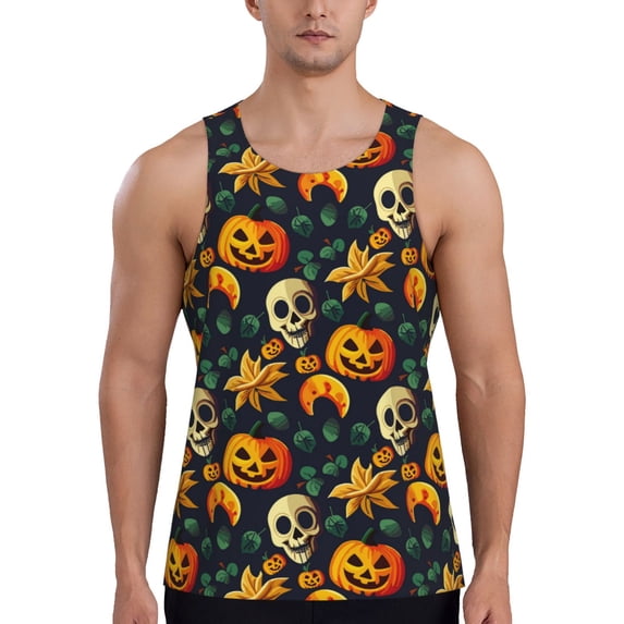 Wukai Halloween Skull Print Men’s Workout Tank Top Sleeveless Muscle T shirt Gym Running Fitness Tank Top-Medium