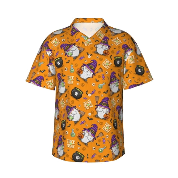 Wukai Halloween Witches Gnome Men's Hawaiian Shirt Short Sleeve Casual Button Down Summer Beach Aloha Shirt Tropical Print Holiday Party