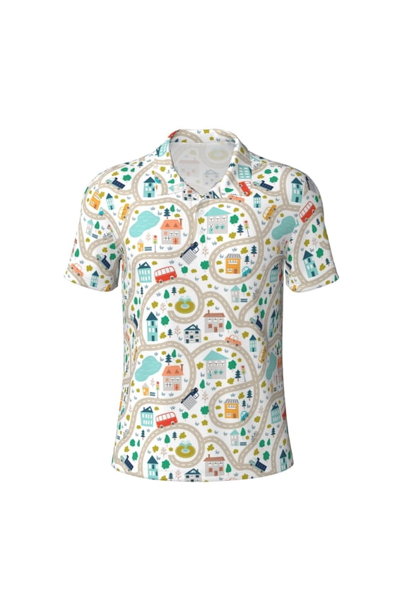 Hand Drawn Cars Trucks Buses And Roads Men’s Polo Shirts,Quick-Dry Athletic Shirt,Classic Fit Shirts-Small