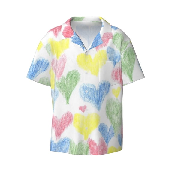 Wukai Hand Drawn Colored Hearts Men's Casual Short-Sleeve Button Down Shirt - Lightweight Summer Dress Shirt for Daily Wear-X-Large