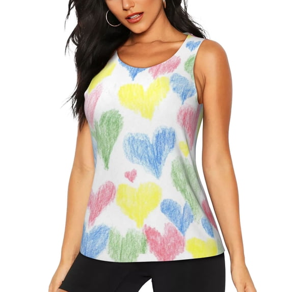 Wukai Hand Drawn Colored Hearts Print Women's Workout Tank Top Mesh Yoga Shirts Athletic Running Tank Tops Athletic Gym Shirts -