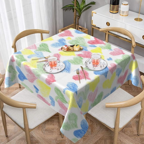 Wukai Hand Drawn Colored Hearts Waterproof Tablecloth for Kitchen Dining, Fits Square Tables for 2-4 Seats -54"x54"