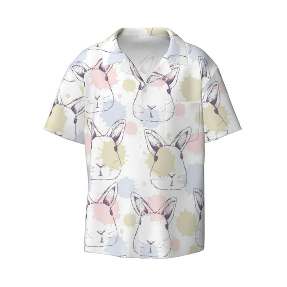 Wukai Hand Drawn Rabbit Men's Casual Short-Sleeve Button Down Shirt - Lightweight Summer Dress Shirt for Daily Wear-Medium
