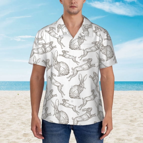 Wukai Hand Drawn Rabbit Men's Hawaiian Shirt Short Sleeve Casual Button Down Summer Beach Aloha Shirt Tropical Print Holiday Party