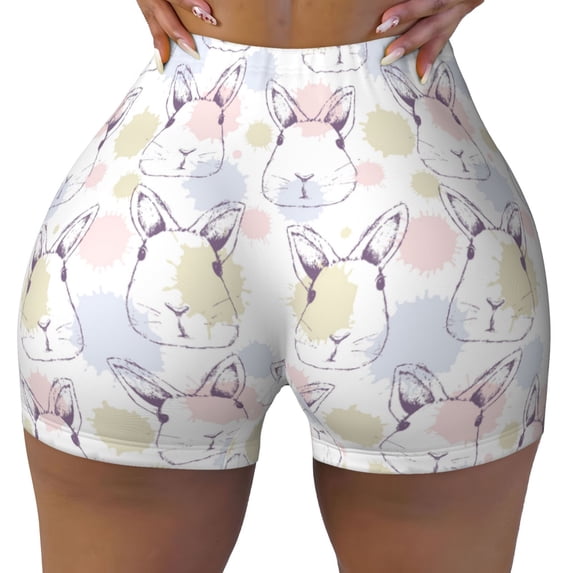 Wukai Hand Drawn Rabbit Print Pack Biker Shorts for Women Yoga Workout Gym Running Scrunch Active Shorts-XX-Large