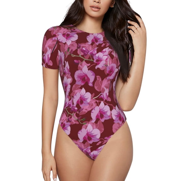 Naloa Orchids Flowers Women's Short-Sleeved Onesie, One-Piece Swimsuit for Parties, dates, clubs - Large