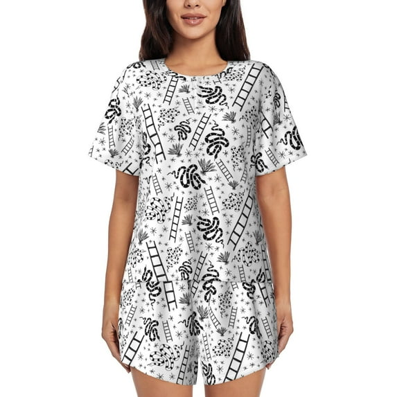 "Wukai Hand Drawn Snake Women's Pajama Set - Short-Sleeve Top and Shorts with Elastic Waistband and Pockets for Loungewear, Yoga, and Casual Wear-Large