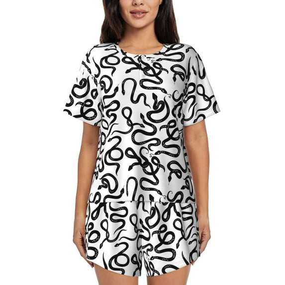 "Wukai Hand Drawn Snake Women's Pajama Set - Short-Sleeve Top and Shorts with Elastic Waistband and Pockets for Loungewear, Yoga, and Casual Wear-XX-Large