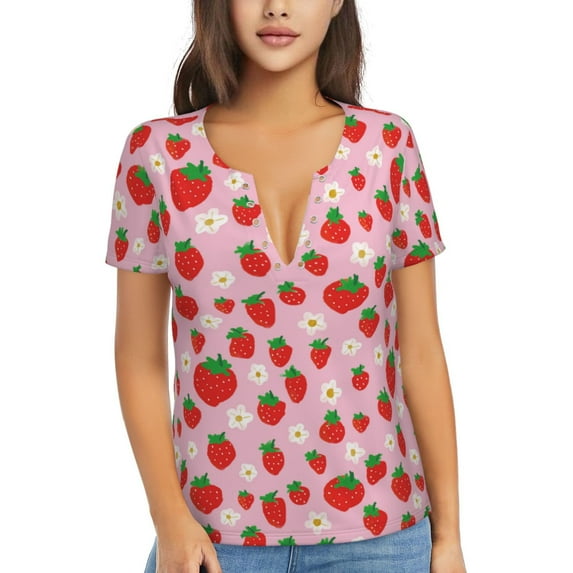 Wukai Hand Drawn Strawberry Casual V-Neck Graphic Tees for Women: Lightweight and Breathable Summer Tops with Stylish Design-XX-Large
