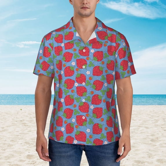 Wukai Hand Drawn Strawberry Men's Hawaiian Shirt Short Sleeve Casual Button Down Summer Beach Aloha Shirt Tropical Print Holiday Party