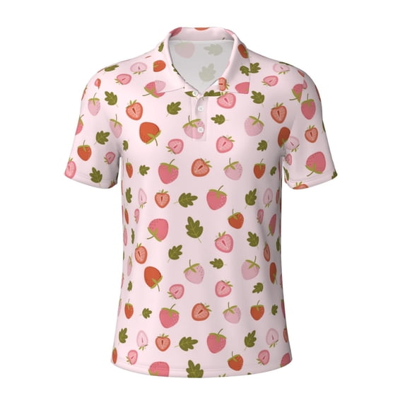 Wukai Hand Drawn Strawberry Men’s Polo Shirts,Quick-Dry Athletic Shirt,Classic Fit Shirts-Medium