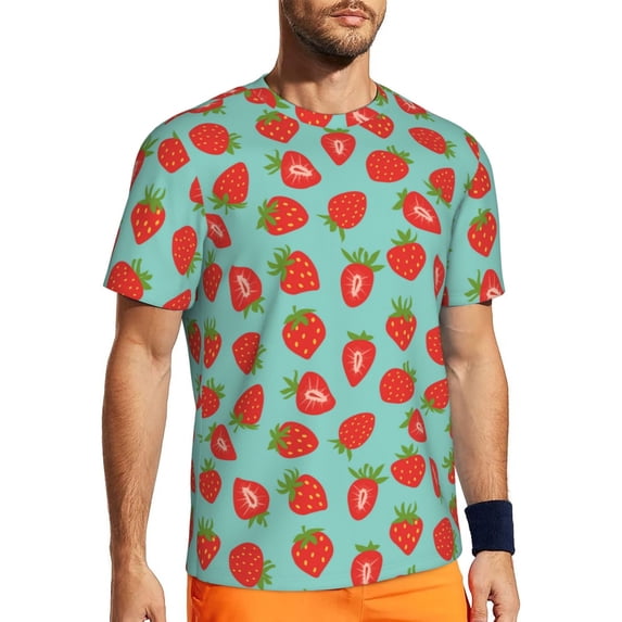 Wukai Hand Drawn Strawberry Print Men's Short-Sleeved Mesh T-Shirt,Quick-Dry Short Sleeve Workout T-Shirt-Small
