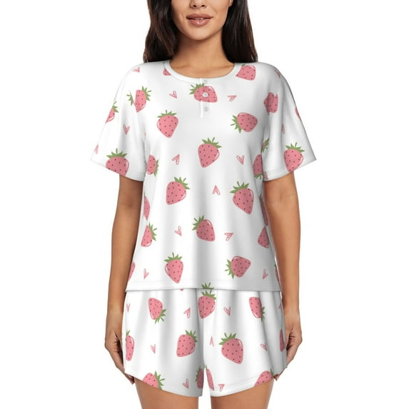 Wukai Hand Drawn Strawberry Print Women's Pajama Set - Short-Sleeve Top and Shorts with Elastic Waistband and Pockets for Loungewear, Yoga, and Casual Wear-Medium