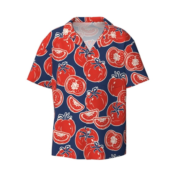 Wukai Hand Drawn Tomatoes Men's Casual Short-Sleeve Button Down Shirt - Lightweight Summer Dress Shirt for Daily Wear-X-Large