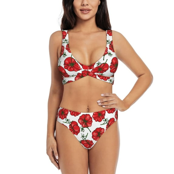 Wukai Hand Drawn Tomatoes Women's Bikini Set Two Piece,wimsuit High Waisted V Neck Twist Front Adjustable Spaghetti Straps Bathing Suit-Large