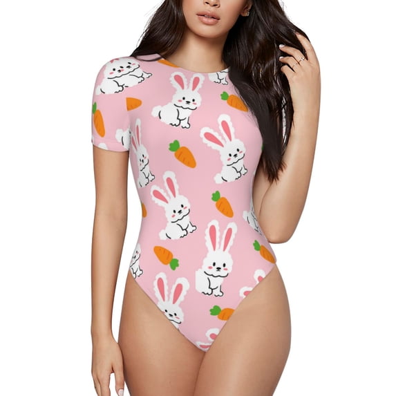 Naloa Rabbit And Carrot Women's Short-Sleeved Onesie, One-Piece Swimsuit for Parties, dates, clubs - Large